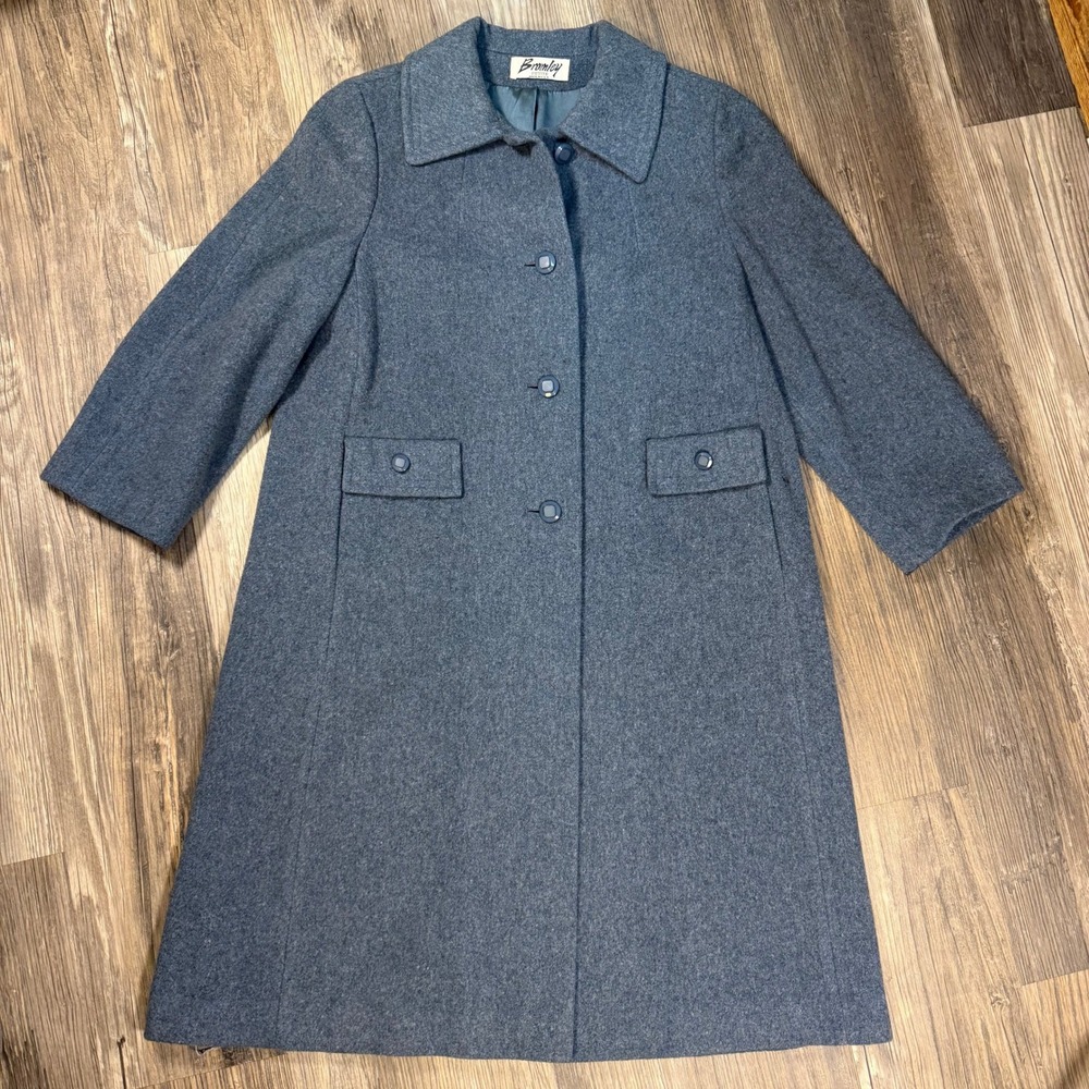 Vintage 100% Wool Long Coat Blue Gray Mod French Chic Old Money USA Made PM‎
